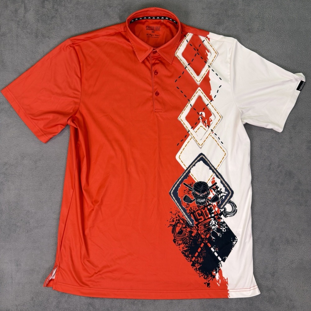 Tattoo Golf Polo Shirt Mens XL Red White Short Sleeve Collared Skull